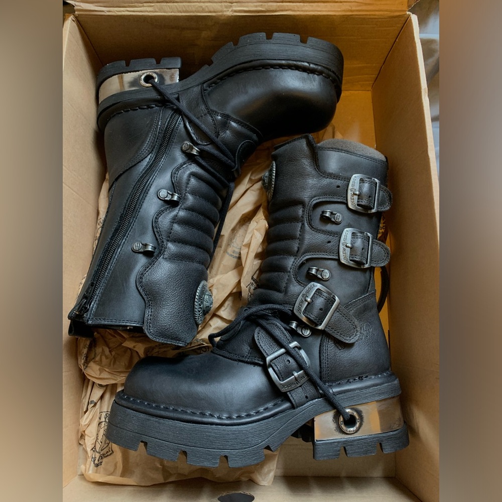 New Rock Black Leather Lace Up Boots